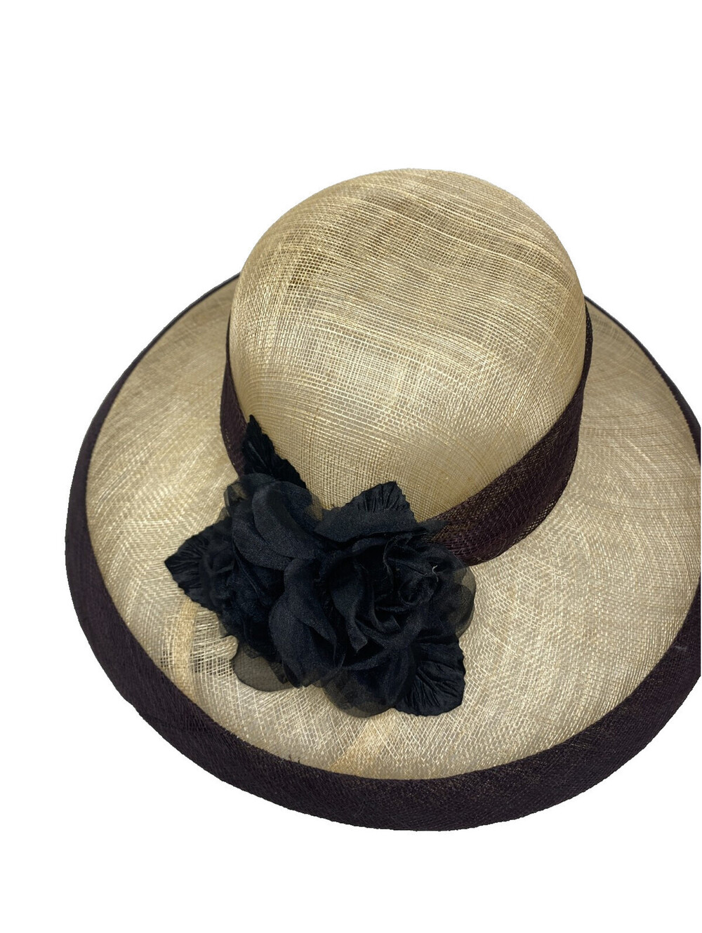 Cream Sinamay Wide Brim Hat Black Rose Brown Trim Church Kentucky Derby Wedding